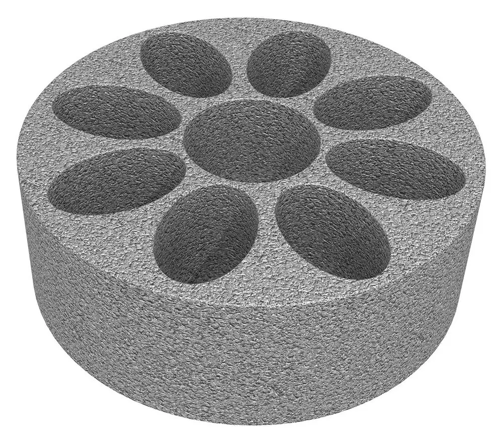 Graue Volumenstromdrossel mit mehreren ovalen Öffnungen, die für Luftein- und -auslass geeignet ist, präsentiert von Vaillant.